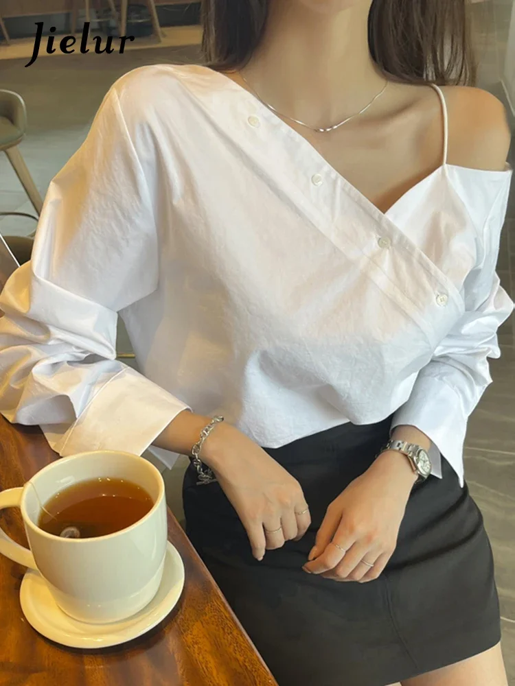 Süße elegante unregelmäßige Frau Bluse neue einfarbige schlanke Frauen Bluse weiß blau lässig lose Mode lang ärmel ige Top weiblich