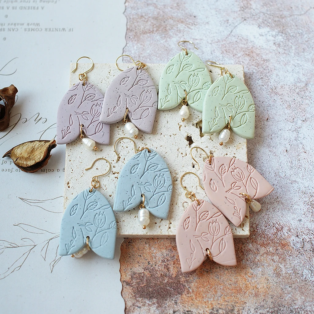 

Vintage Trendy Floral Print Leaf Dangle Pearl Drop Handmade Polymer Clay Earrings For Women's Accessories Party Daily Ware Gifts