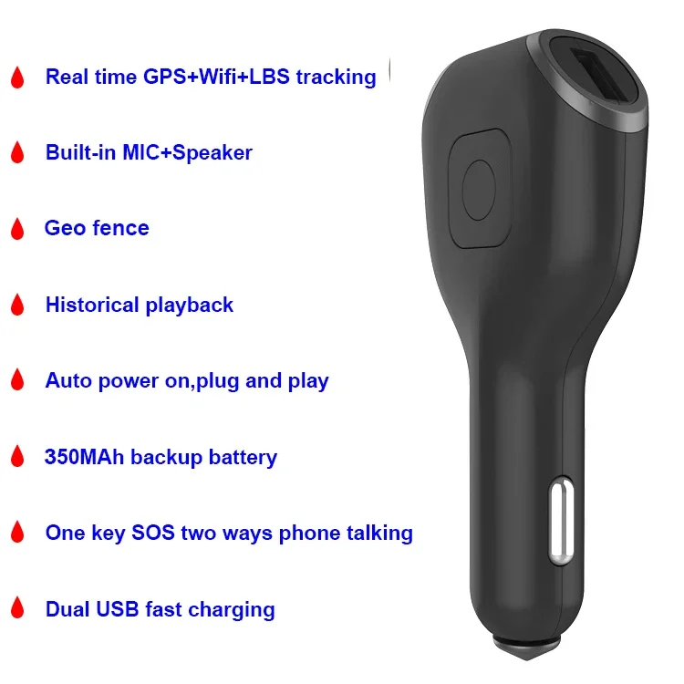 Smart GPS tracking Car charger, dual USB 5V-2.1A, support GSM+GPS+WIfi+LBS multiple positioning