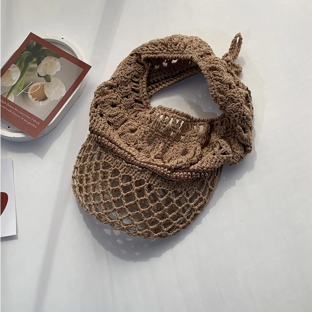 

Casual Sunscreen Crochet Empty Top Cap Knitted Sunshade Hollow Out Visor Hat Foldable Soft Drawstring Hat Girls