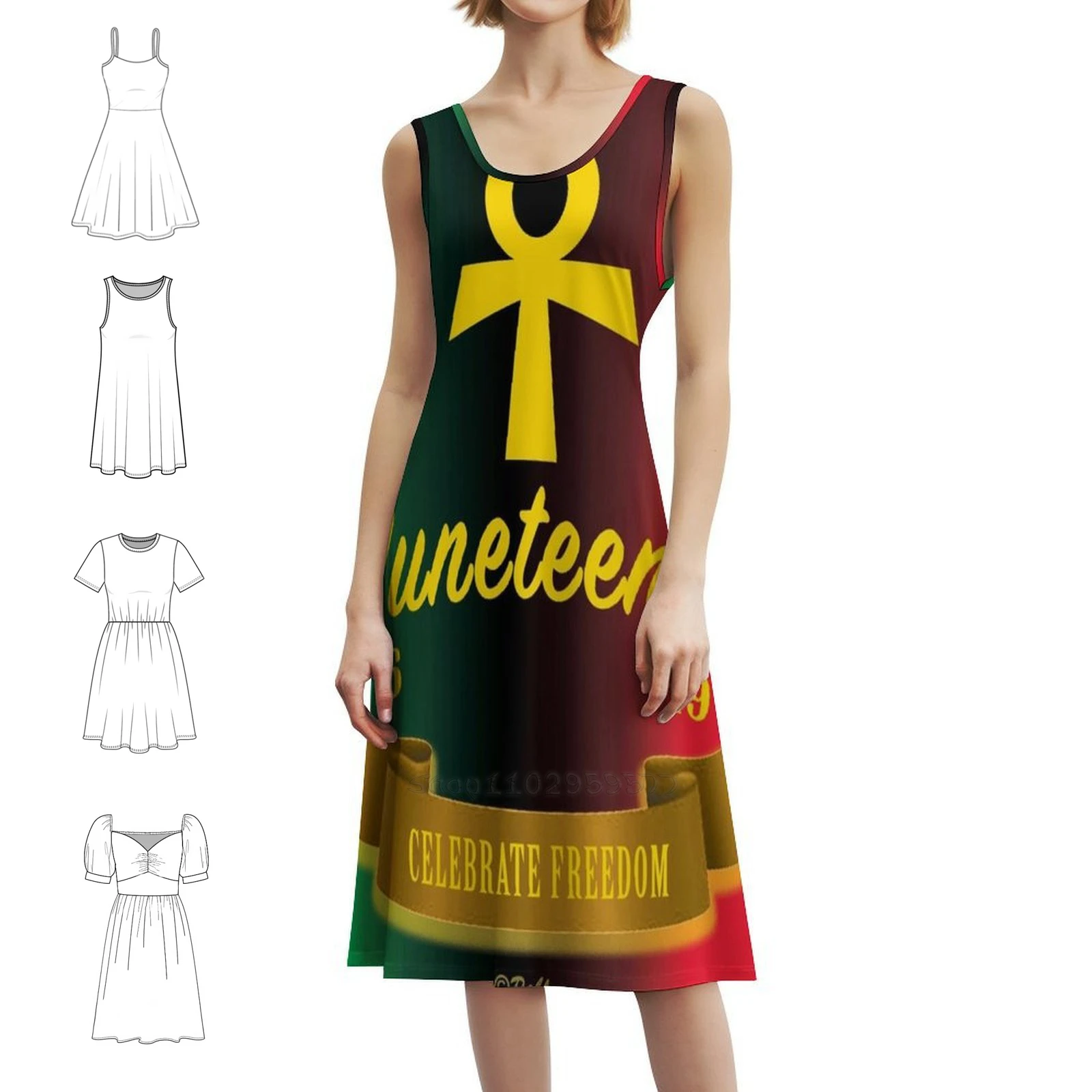 

Juneteenth Ankh Bohemian Sleeveless Dress Multi-Print Beach Vacation Party Dress Juneteenth Ankh Black Day Female Clothing