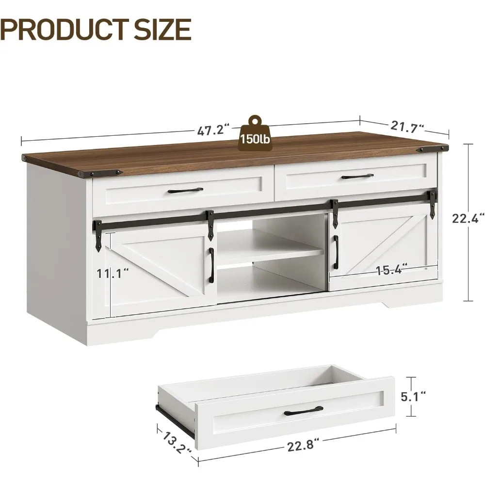 47" Farmhouse Coffee Table with Storage and Sliding Barn Doors, Large Rustic Center Table with 2 Drawers & Open Compartments