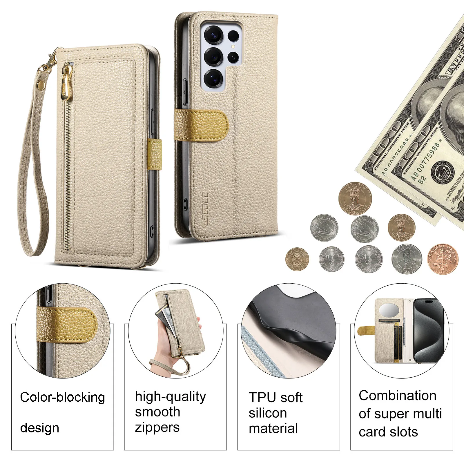 Crossbody Zipper Wallet with Card Holder Phone Case for Samsung S26 Plus S25 Ultra S24 FE S23 S22 S21 SPhone Case with a Mirror