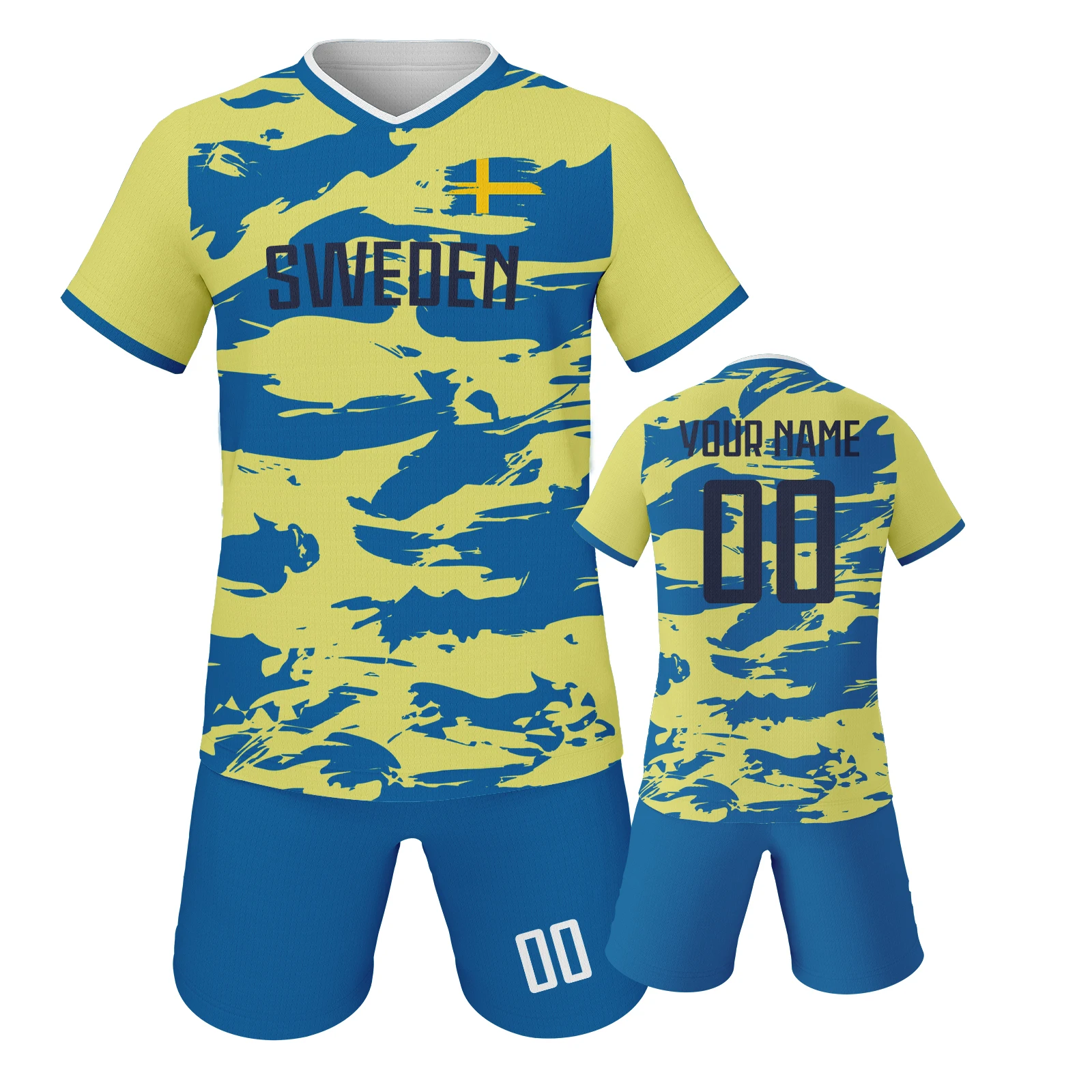 

Custom Sweden Soccer Jersey Shorts Set Personalized Kids Football Team Uniform with Print Name Number Boys Girls Fans Gift