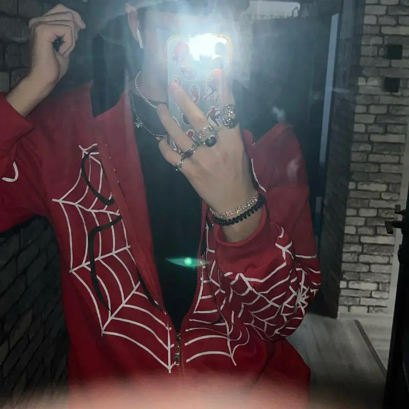 Y2k Spider Web Graphic Red Warm Hoodies Harajuku Vintage Grunge Zip Up Hoodie Unisex Gothic Loose Sweatshirt Jacket Men Clothing