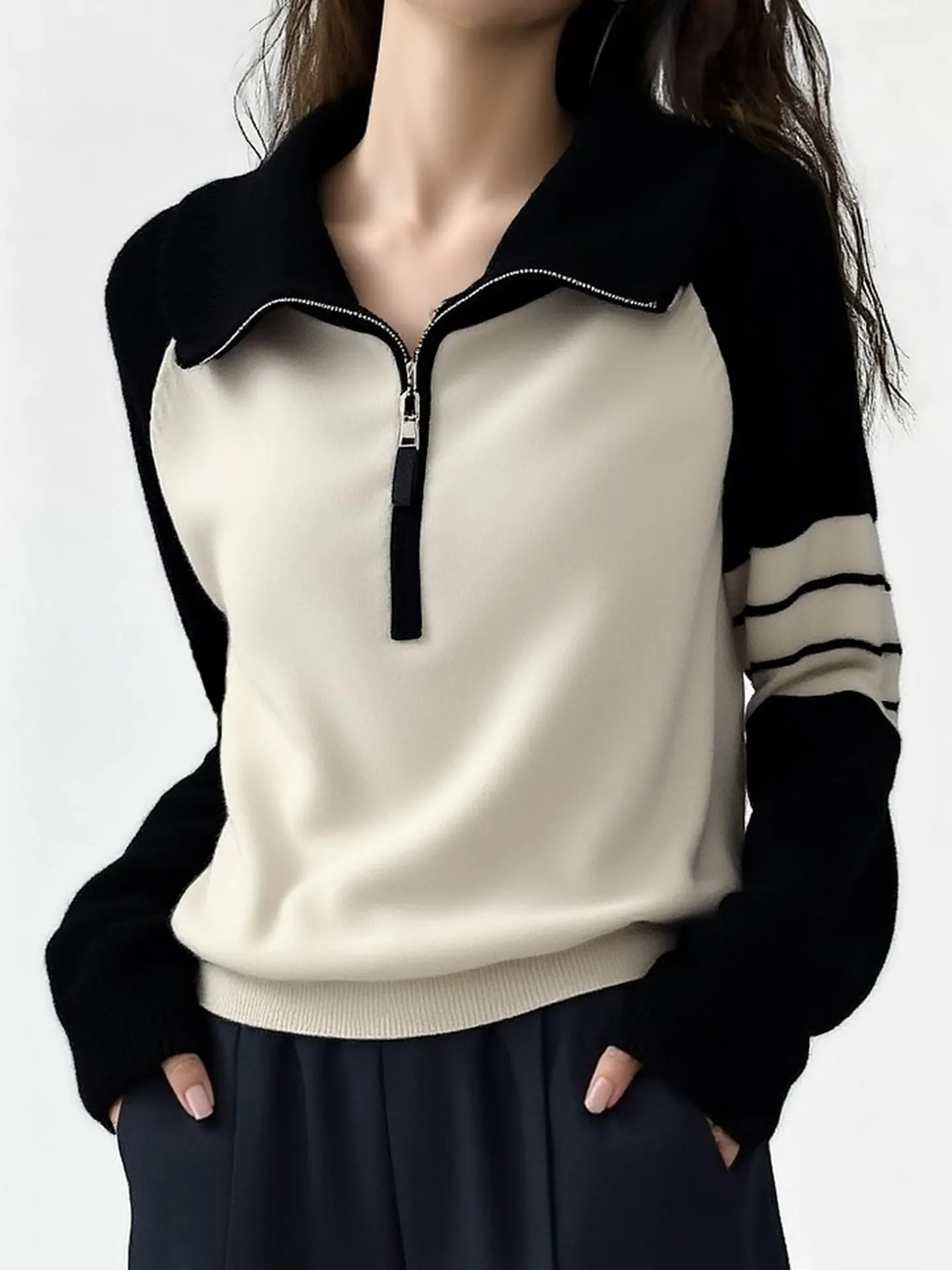 

Trendy Color Blo Long Sve Knitted Sweater Zipper Design Winter Faion Women's Top High End European Brand Commute Sle