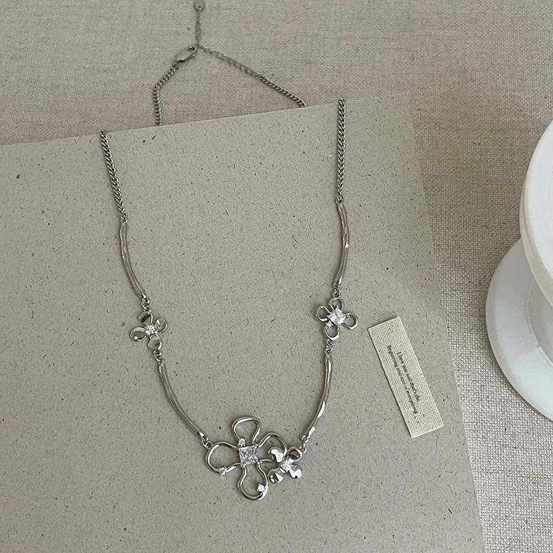 Minar New Chic Sparkly CZ Cubic Zirconia Hollow Flower Petal Pendant Necklaces for Women Silver Plated Copper Chain Chokers