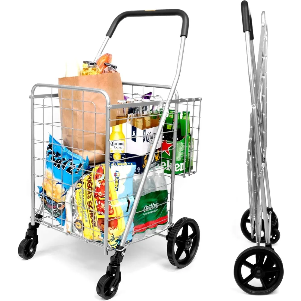 

Grocery Utility Shopping Cart - Deluxe Folding Cart with Double Basket and 360° Rolling Swivel Wheels 66 lbs Utility