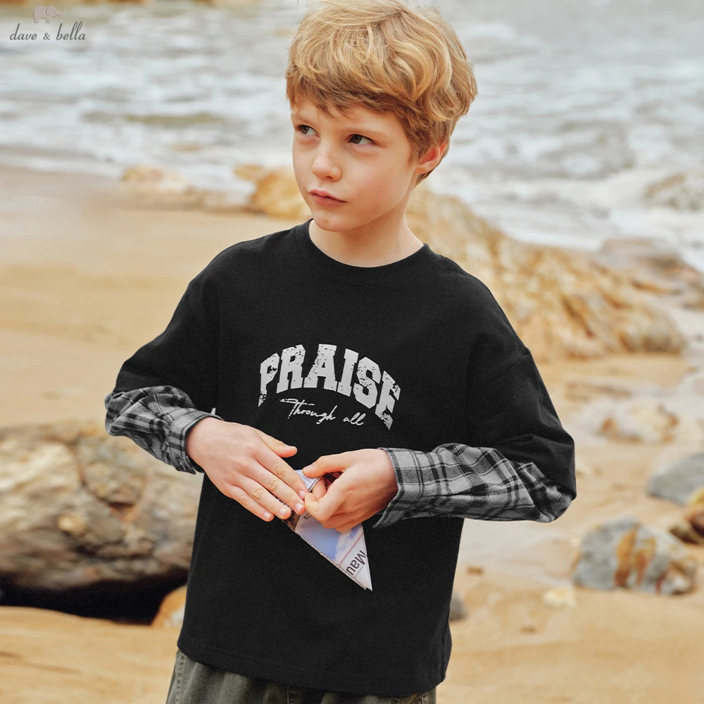 Dave Bella Boys Long Sleeve Fake Two-piece T-Shirt 7-15 Years Teen Autumn Spring Tops Children Casual Outdoor Clothes DK3263260