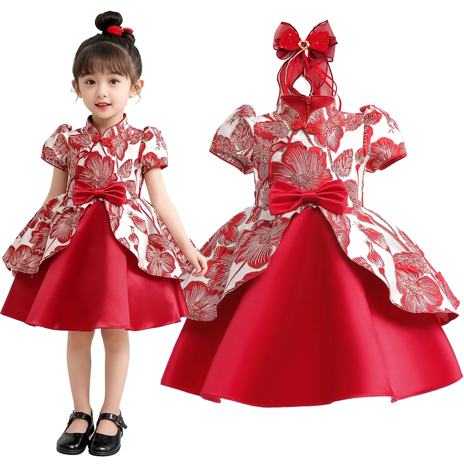 

Girls New Year Dress Children High-end Jacquard Fabric Red Chinese Cheongsam Baby First Birthday Party Clothes Christmas Costume