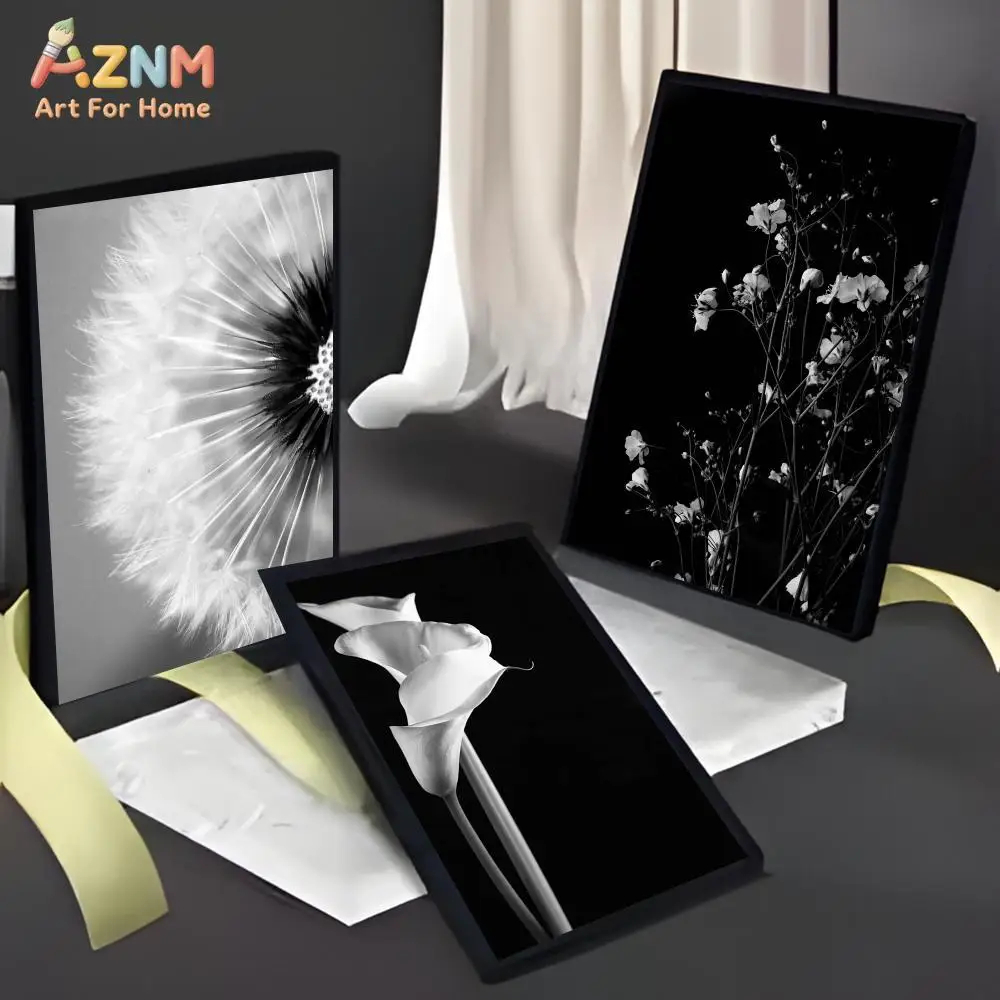 AZNM Black White Floral Canvas Print Dandelion Tulip Calla Lily Sunflower Monochrome Flower Close Up Unframed Canvas Wall Art Mi