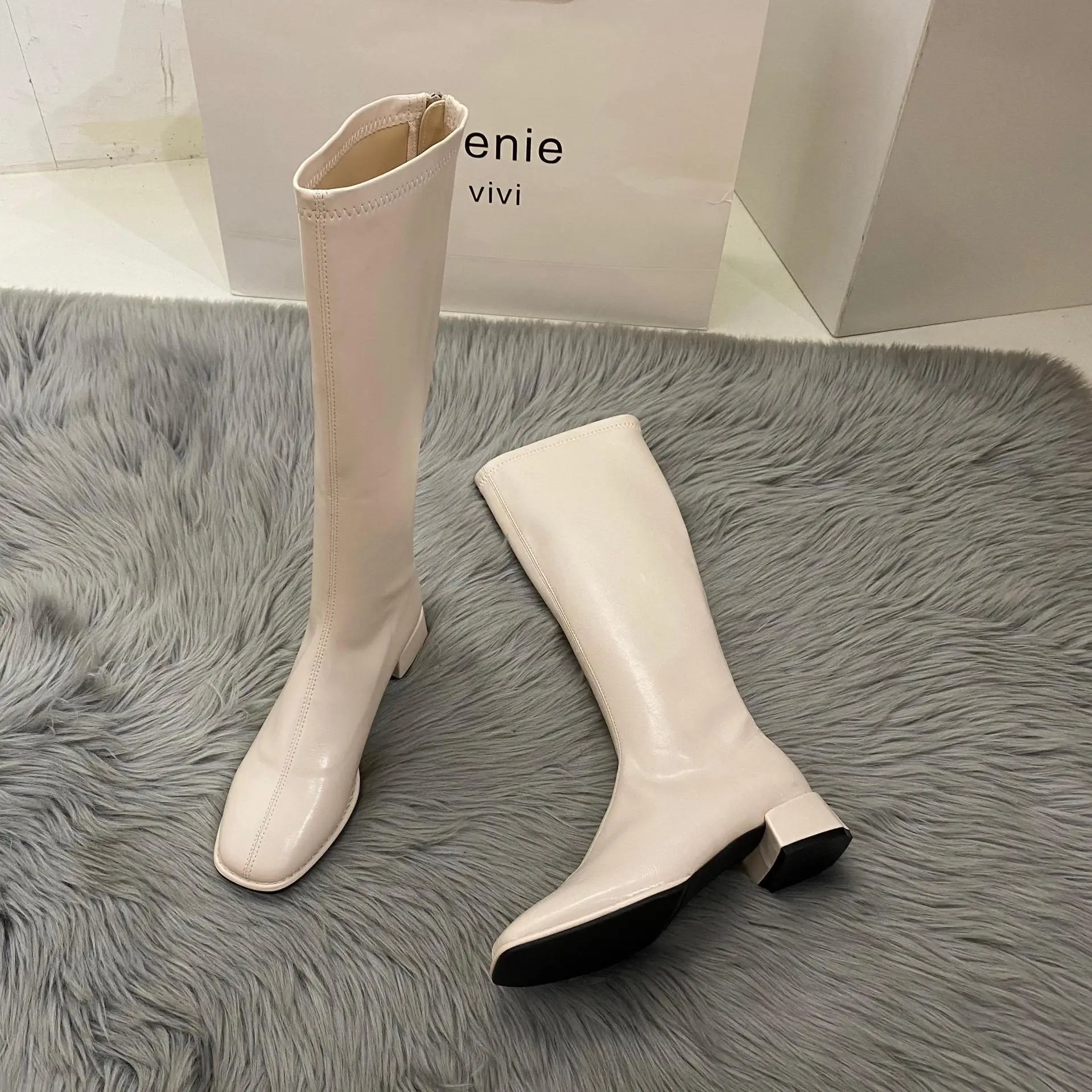 Women Warm Long Boots Woman Knee High Booties Ladies Shoes Platform Thick Heel PU Leather Soft Zipper Woman Fashion Winter 2023