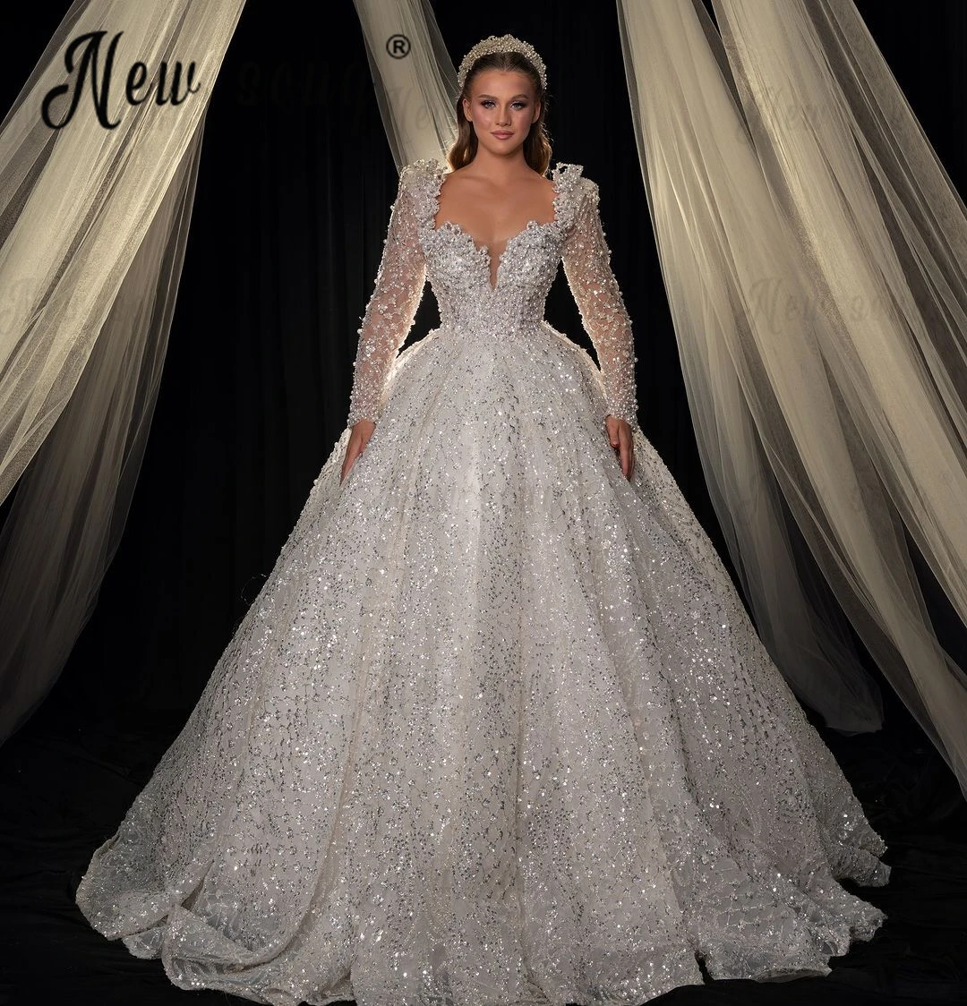 Luxury Queen Anne Neck Long Sleeve Wedding Dress Ivory Pearls Ball Gown Bridal Dresses Dubai Sparkly Sequins Vestido De Noiva