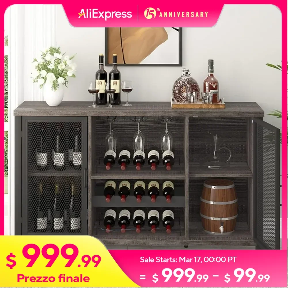 

Wine Bar Cabinet, Rustic Coffee Cabinet for Liquor and Glasses, Kitchen Sideboard Buffet with Rack Storage