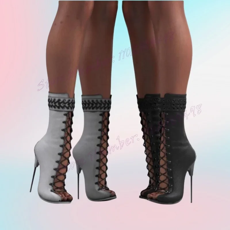 Botas de tacón de Metal con cordones negros, Zapatos con punta abierta y agujeros Para Mujer, tacones altos, Zapatos sexis Para Mujer 2024
