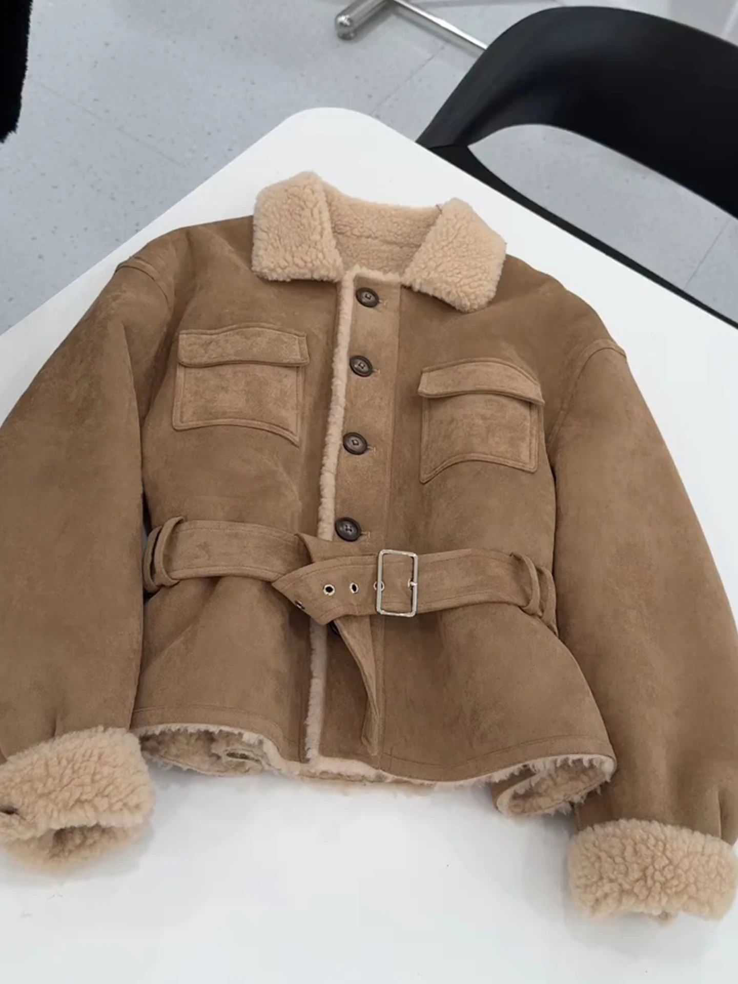 

Suede Velvet Lamb Jacket Women Autumn Winter Thick Warm Turndown Collar Coat Y2K Loose Streetwear Long Sleeve Outwear with Belt