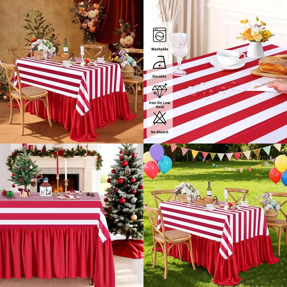 

Red and White Striped Waterproof Rectangle Tablecloth, 90x132 Inches, Polyester Cover for Birthday, Wedding, Picnic, Holiday, Ch