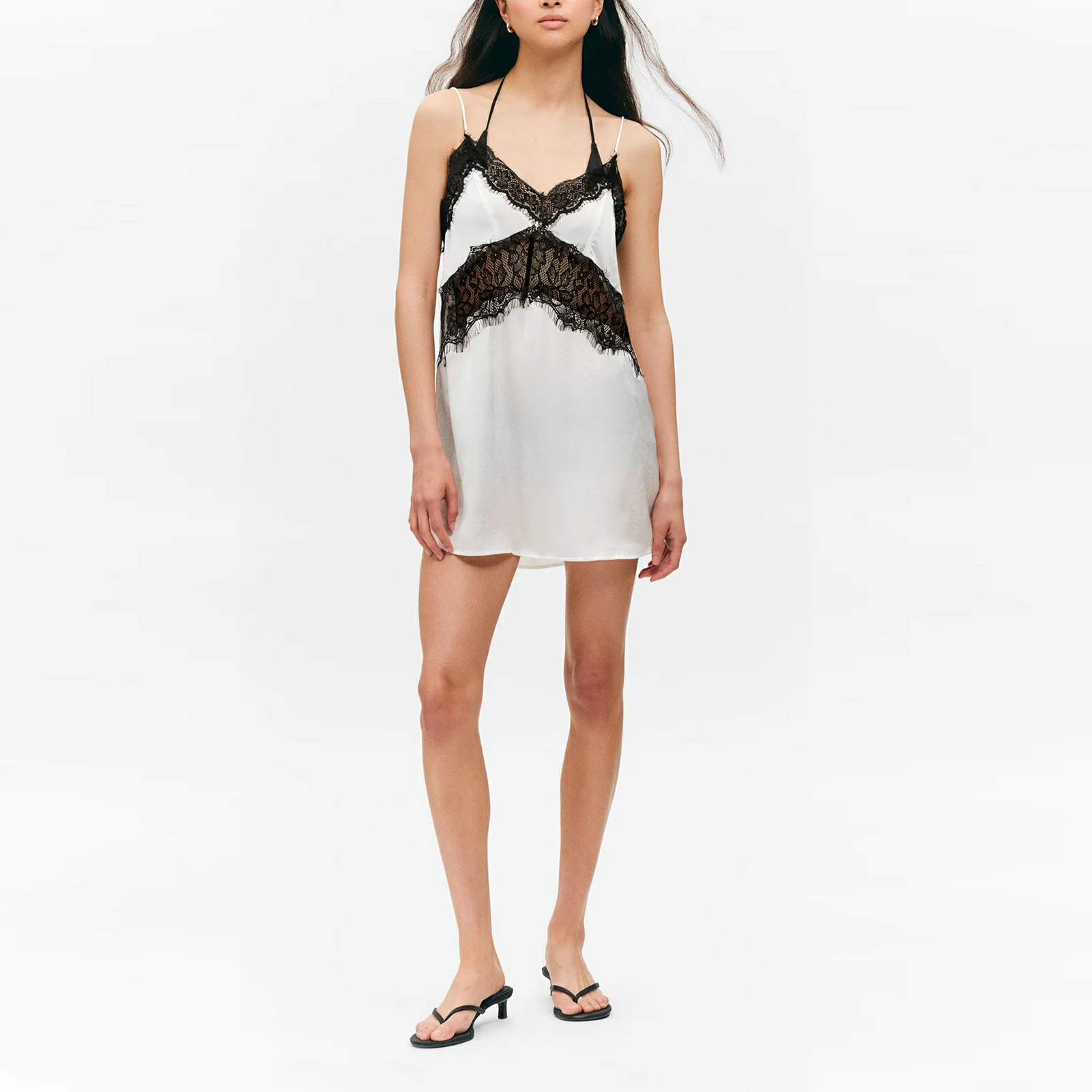 Mini vestido camisola sin espalda con retazos de encaje floral transparente para mujer, sin mangas, corte holgado, ropa de descanso de verano, camisón deslizante