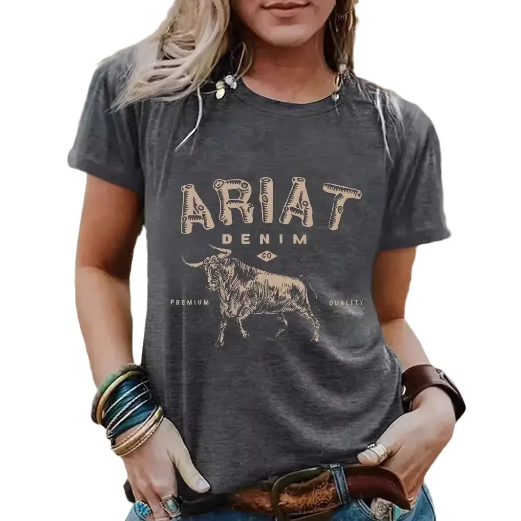 أمازون أوروبا الصيف الملابس النسائية نمط ARIAT جولة الرقبة قصيرة الأكمام عارضة المألوف تصدير أفضل بائع تي شيرت #5