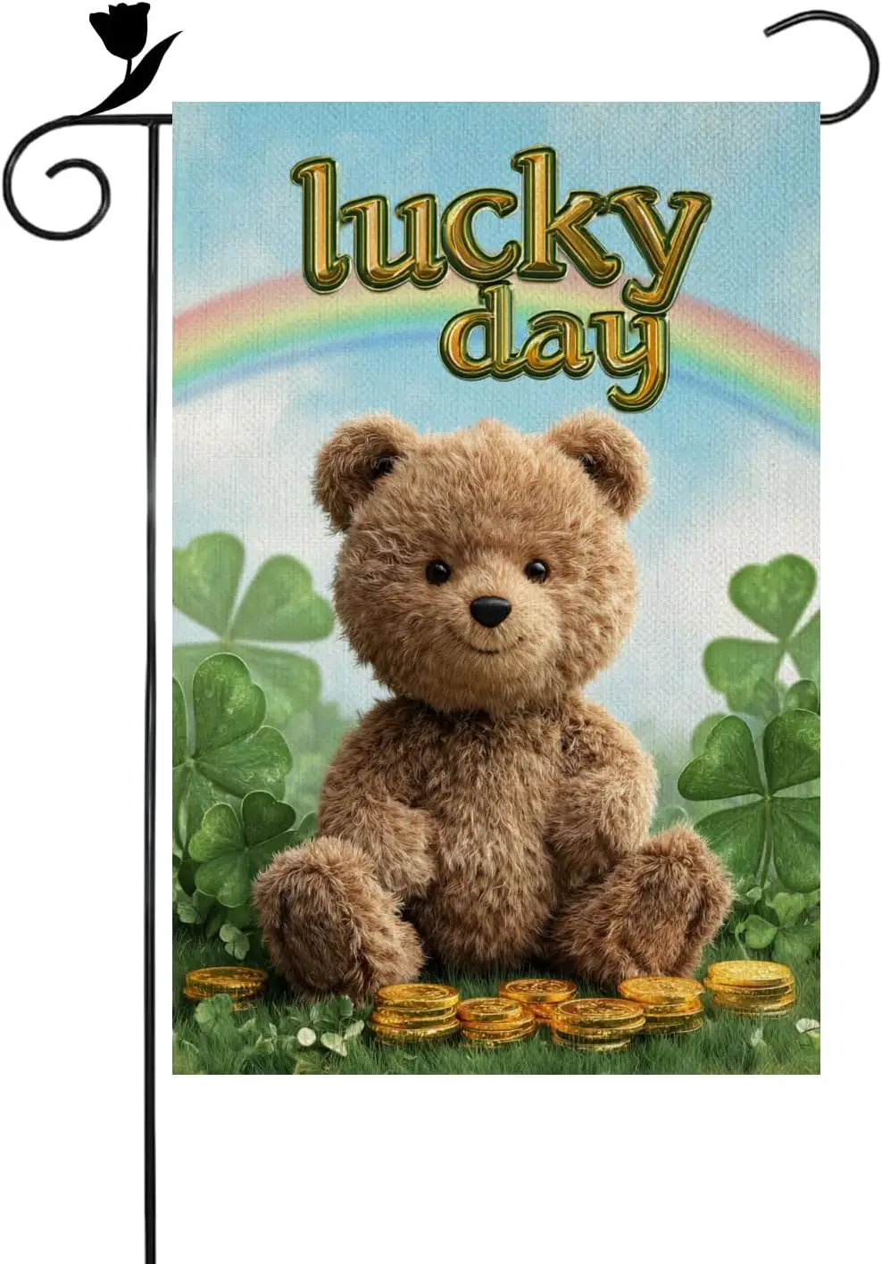 Ice ink Bear Lucky St Patricks Day Rainbow Garden Flag 12x18 Inch Linen Burlap Double Colorful Sided Yard Flag for House Hom PPM