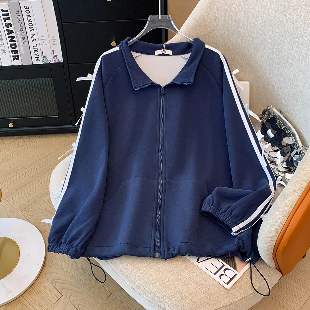 Autumn plus size women's casual cardigan hoodie solid color stripes decorated with bow lapel top coat drawstring elastic hem