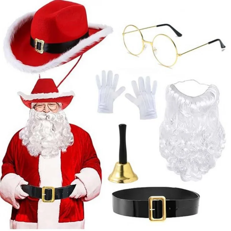 クリスマス帽子赤いカウボーイ白ひげメガネベルト手袋セット男性女性パーティーステージパフォーマンスコスプレ装飾