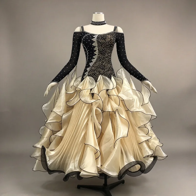 Women's Advanced Ballroom Competition Dance Dresses Long Sleeve Standard Ballroom Skirt Adult Waltz Ballroom Dancing Dress
