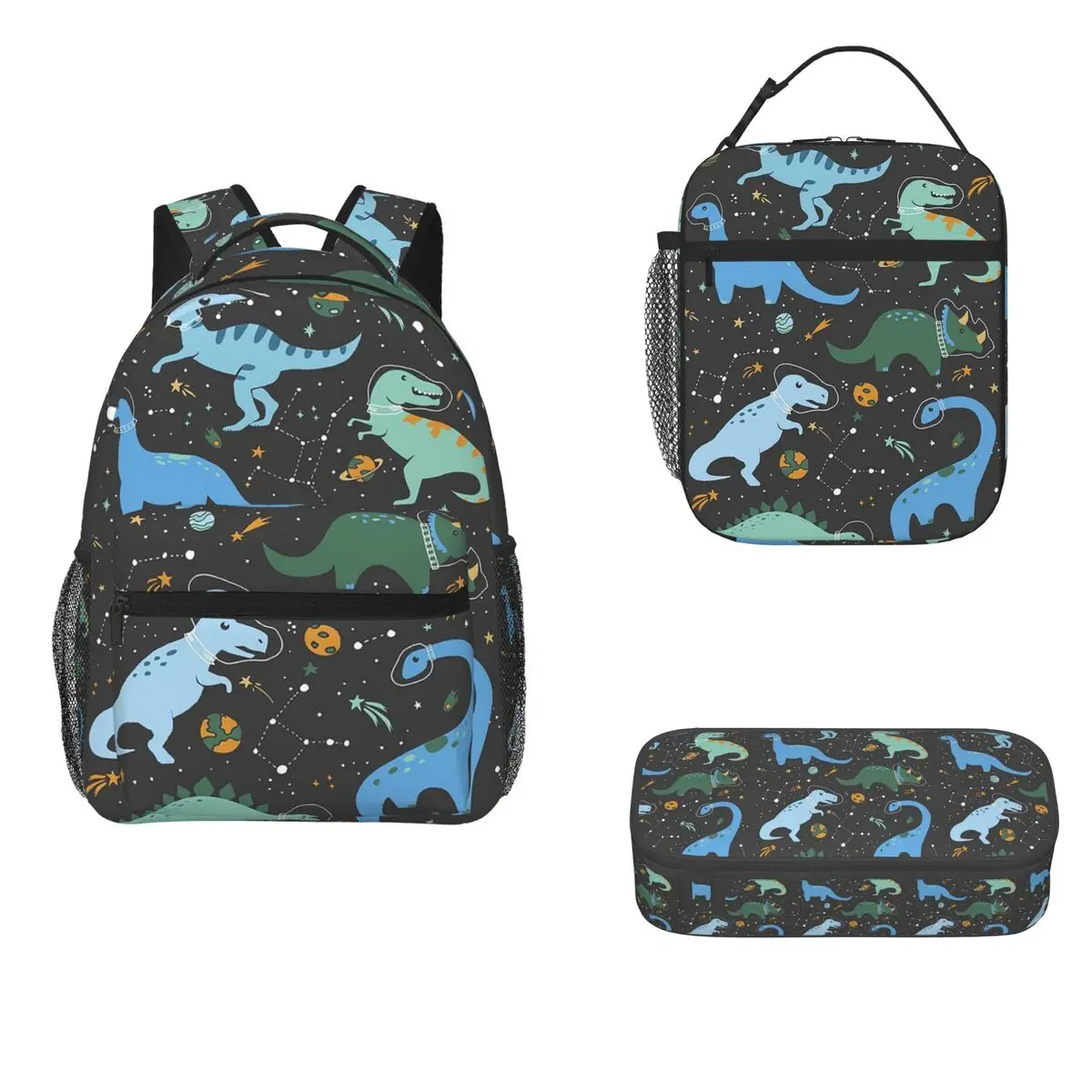 Space Dinosaurs In Blue Backpacks Boys Girls Bookbag Children School Bag Cartoon Kids Rucksack Lunch Bag Pen Bag Three-Piece Set