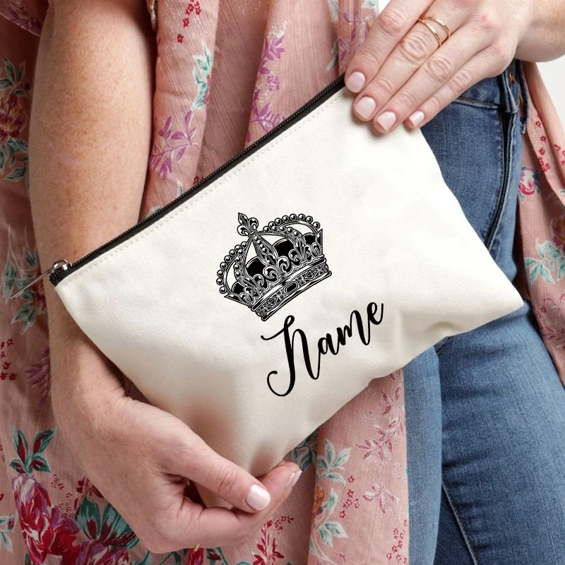 

Crown Customized Name Logo Canvas Bag Organizer Simple Bridal Cosmetic Bags Travel Storage Pouch Clutch Bag Personalized Gift