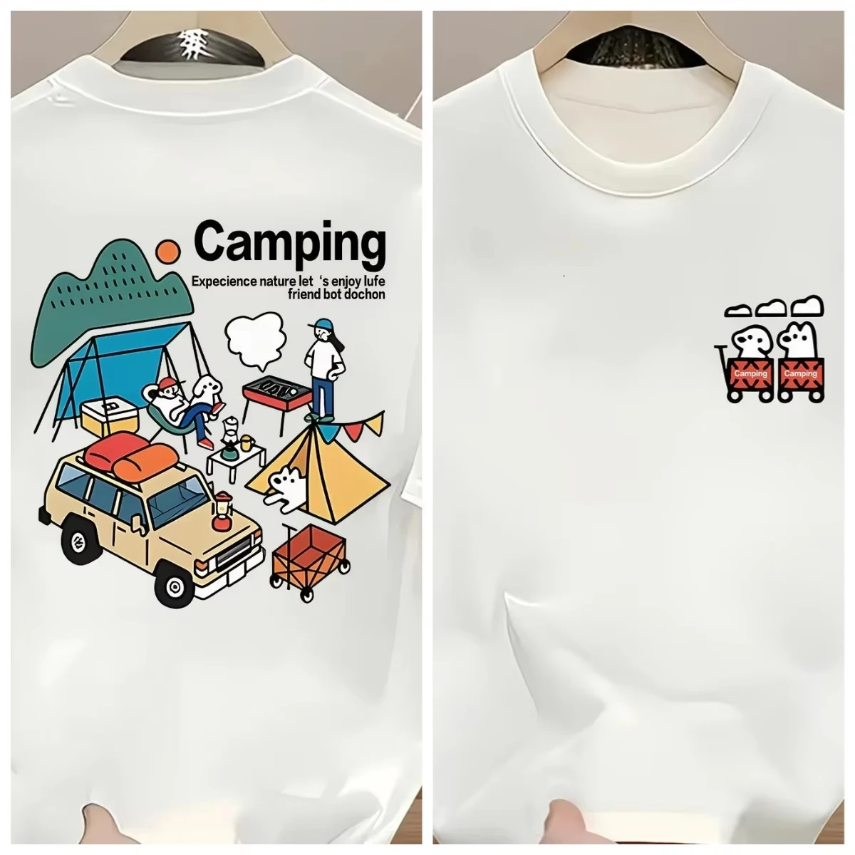 2026 Cute Camping Adventure Graphic Tee with Cartoon SUV and Tent Print Men's T-shirt Summer Outdoor-Inspired Casual Top
