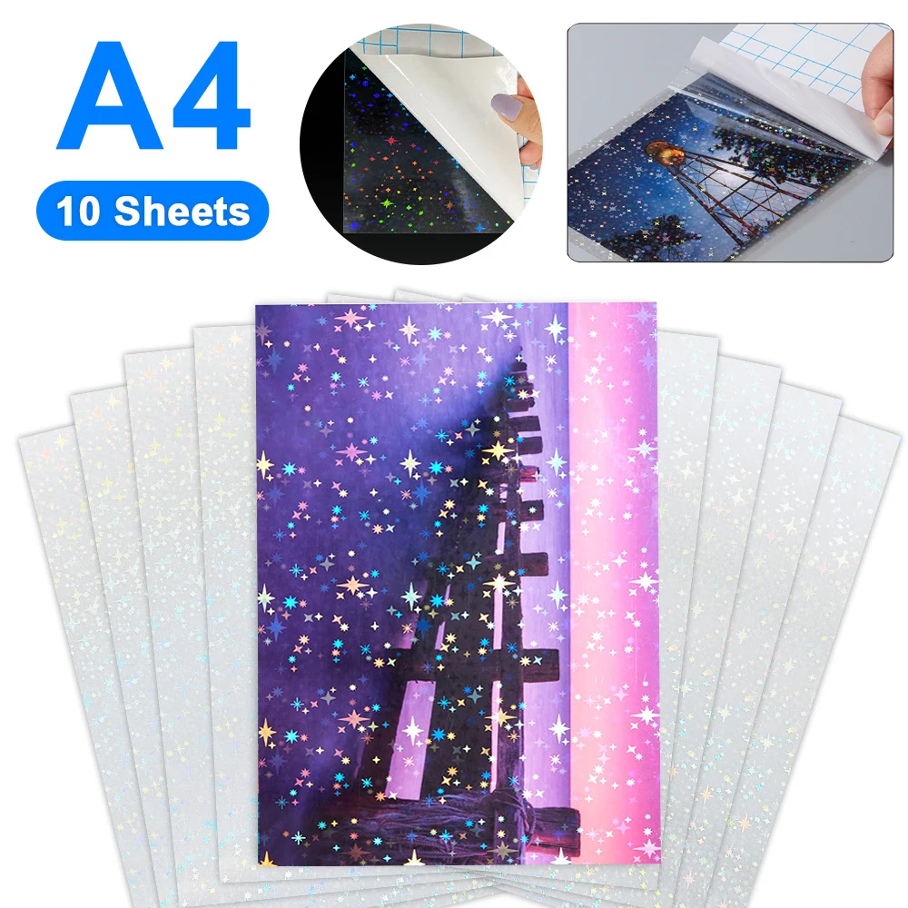 10 Sheets Waterproof Cold Laminating Film A4 Hologram Star Dot Self-adhesive paper film DIY Package Card Photo Laminating Film