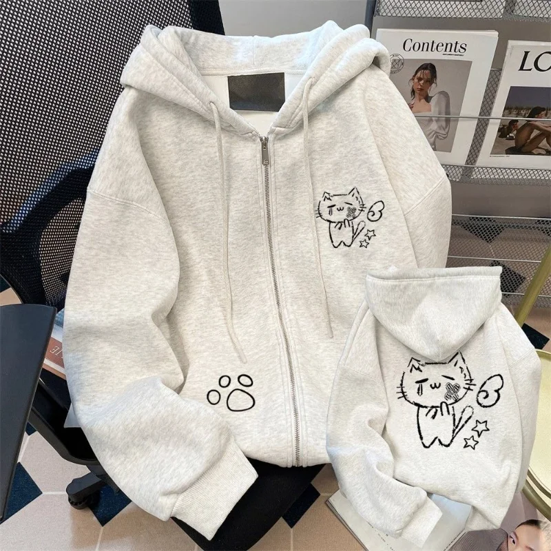 

Pure Cotton Milk Gray Cardigan Zipper Sweatshirt Women Autumn Winter Velvet Thickened Loose Hooded Student Jacket