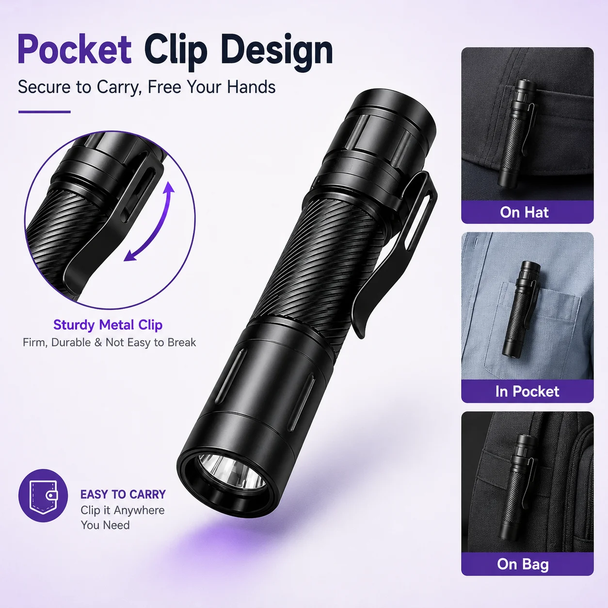 395Nm Uv Flashlight, Type-C Charging, Portable, Uv Detection Light, Strong Light/Weak Light, Dual Mode Switch, Built-In Rechargeable Battery, Tail Button Operation, Comes with Metal Clip, for Pet Urine Stain Detection, Carpet Stain Inspection, Fluorescent Agent Detection, Money Verification, Uv Resin Curing, Mineral Observation