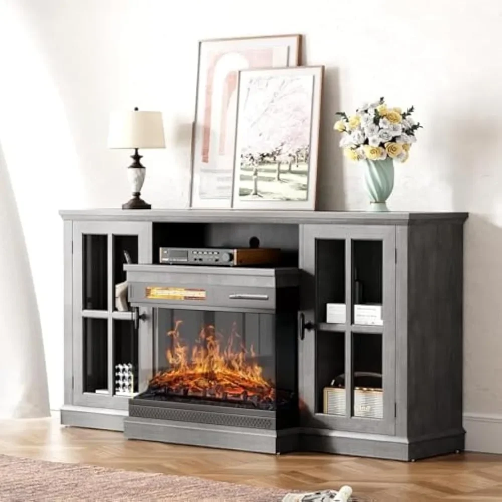 

65" Glass Fireplace TV Stand for Televisions up to , Media Entertainment Center Console Table with Doors Closed Storage