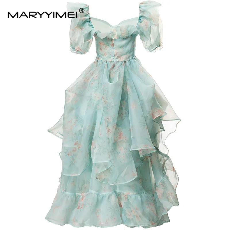 MARYYIMEI Fashion Design Spring Summer women's Square-Neck Puff Sleeve Splicing Flounced Edge Split Print Elegant Ball Dresses