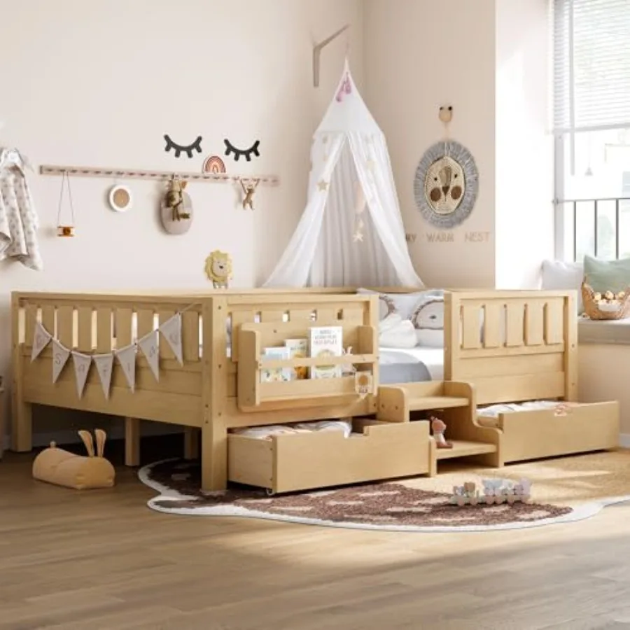 

Full Floor Bed with Stairs, Rails and Slats, Size Montessori Floor Bed with Bookshelf and 2 Storage s, Easy Assemble Montessori