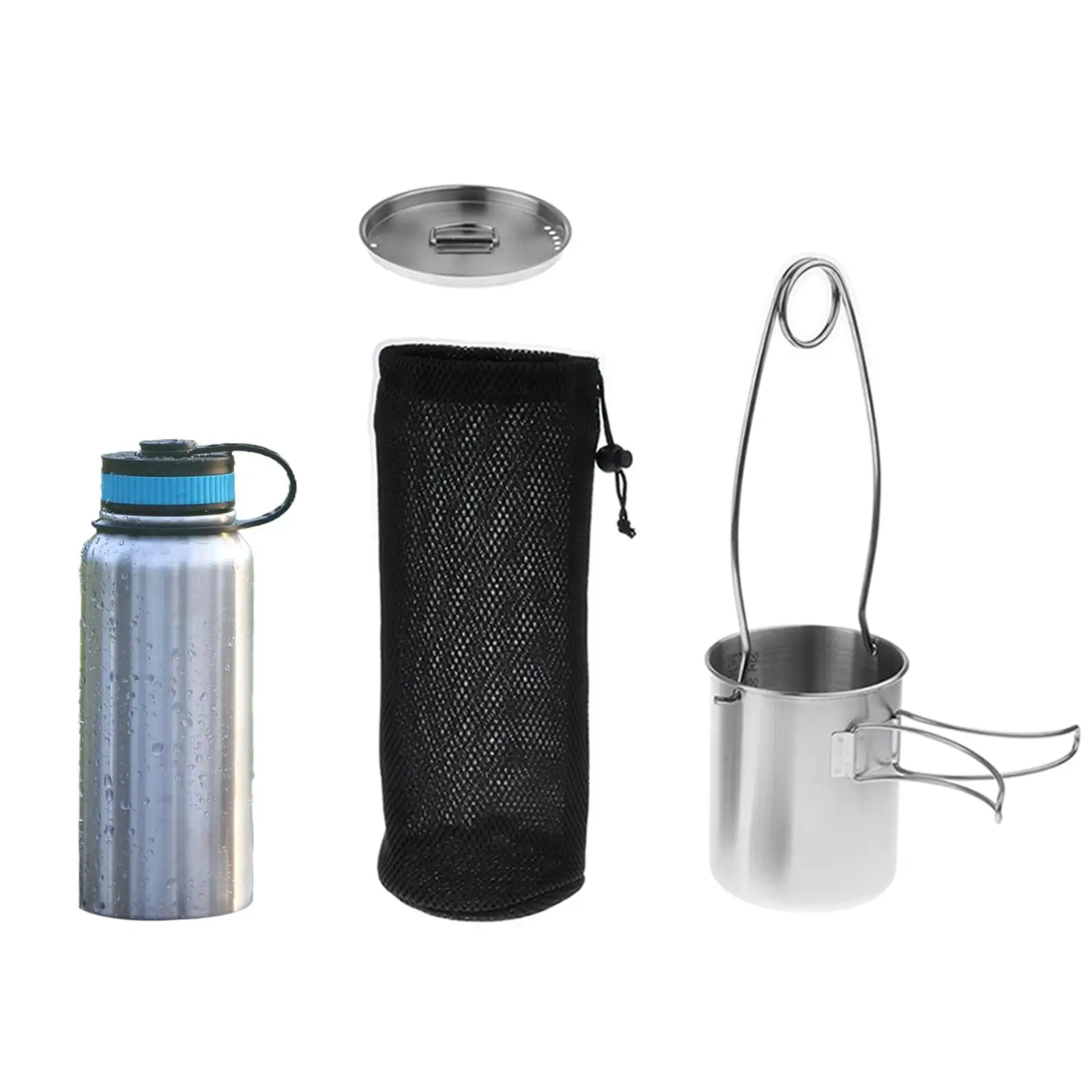 Ultralight Backpacking Kettle Stainless Steel Cook Set Outdoor Water Bottle Cup Hanger for Hiking Picnic Camping