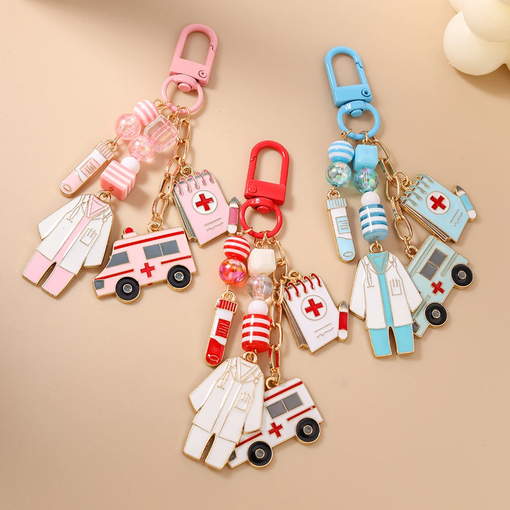 New Enamel Doctor's Gown keychain Ambulance Key Ring Pendants for Women Girls Handbag Decor DIY Key Chain Jewelry Gifts