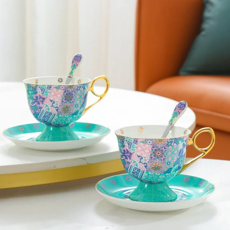 2Pcs Nordic Moroccan Coffee Cup and Saucer Set with Gift Box Luxury British Bone China Ceramic Afternoon Tea Cup New Year Gift