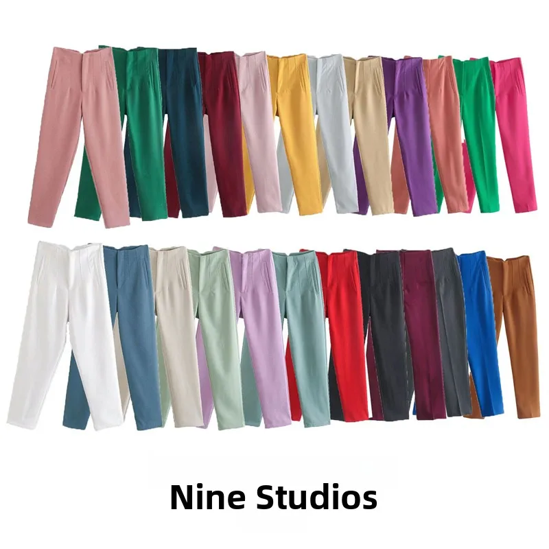 NINE ZAR High Waist Casual Pants for Women 35 Colors Pure Color Retro Cuffed Slim Fit Ladies Faion Spring Polyester Fiber