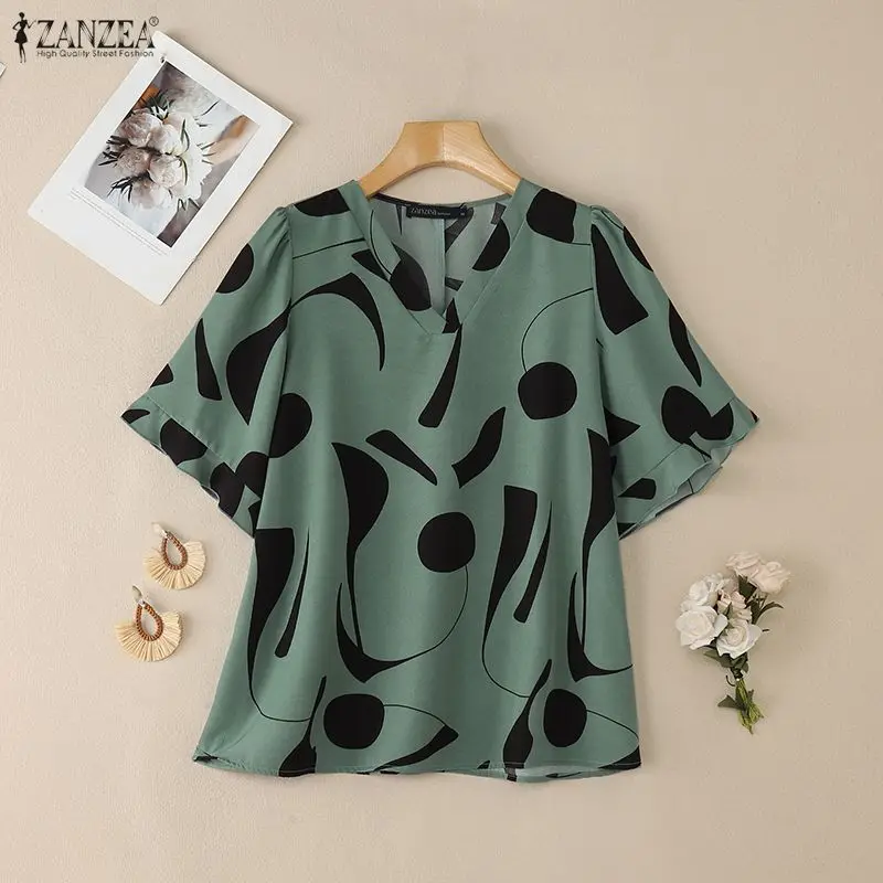 

2026 ZANZEA, летняя блузка, женская повседневная рубашка с v-образным вырезом и коротким рукавом, с принтом, женская свободная сорочка-туника, элегантная рабочая рубашка оверсайз