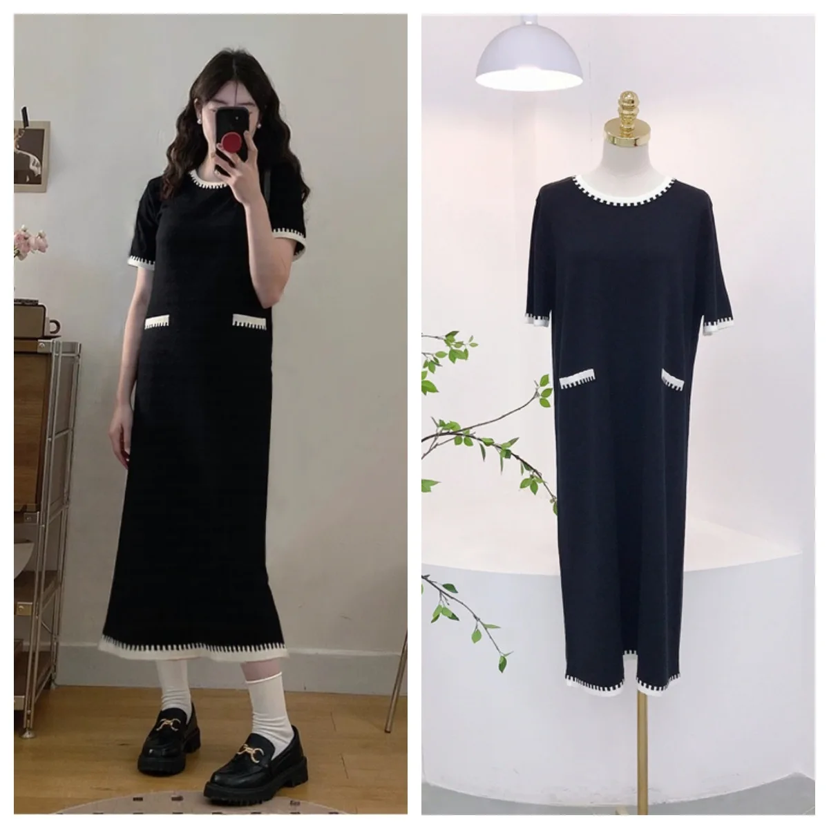 8144 Fragancia de alta sociedad de estilo francés, Tencel perezoso suelto, cuello redondo, bloque de Color blanco y negro, diseño de bolsillo falso, recto y largo