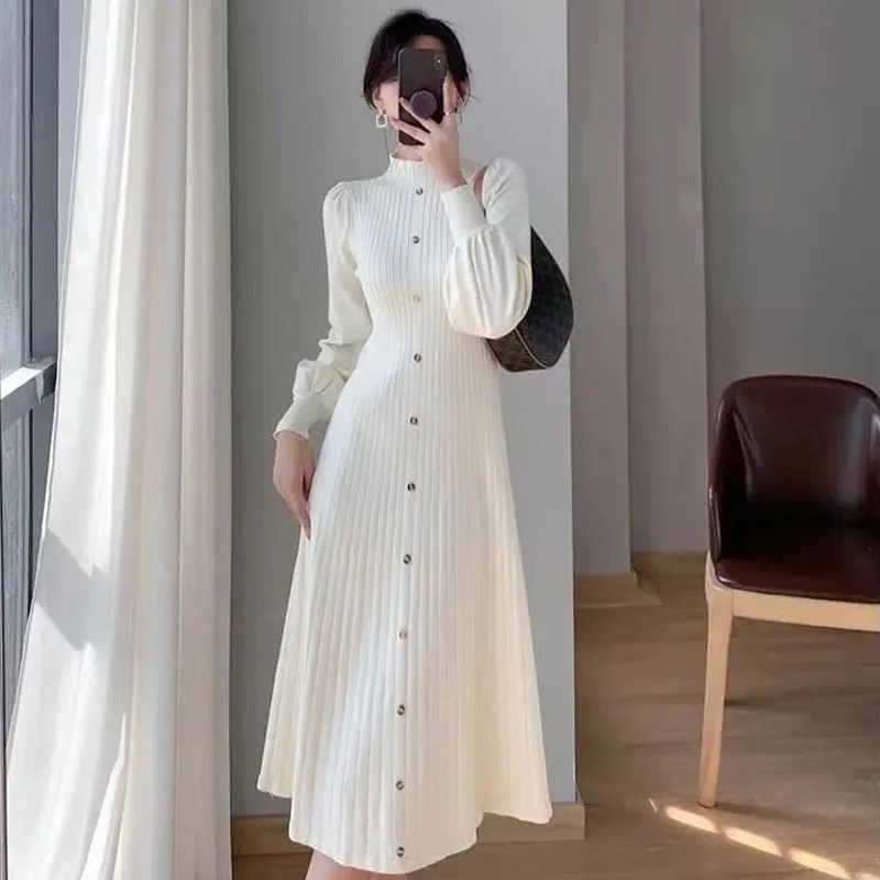 

Autumn Winter Thin Korean Fashion Slim Solid Women's Clothing Buttons O-neck Long Sleeve Buttons Patchwork Temperament Dresses