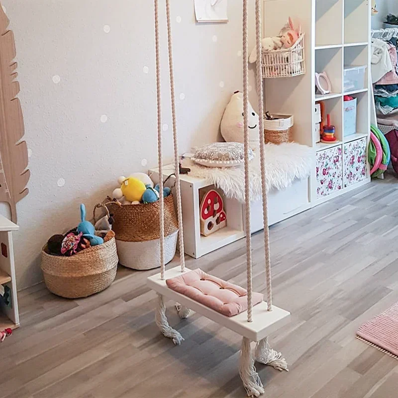 

INS Solid Wood Child Swing Chair Kid Hanging Set Children Hammock Toy Rocking Seat Cushion Safety Baby Room Decor