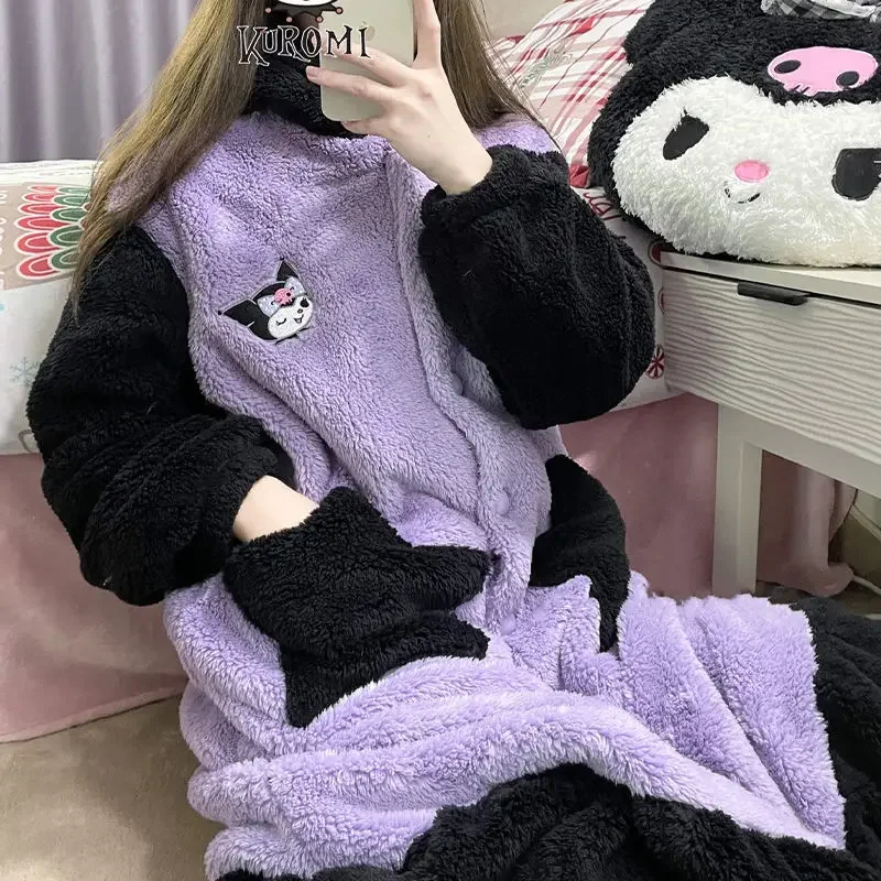 Anime Sanrio Hello Kitty Cinnamoroll Women Plush Robe Cute Pachacoo kuromi Hooded Pajamas Nightgown Winter Warm Homewear Set