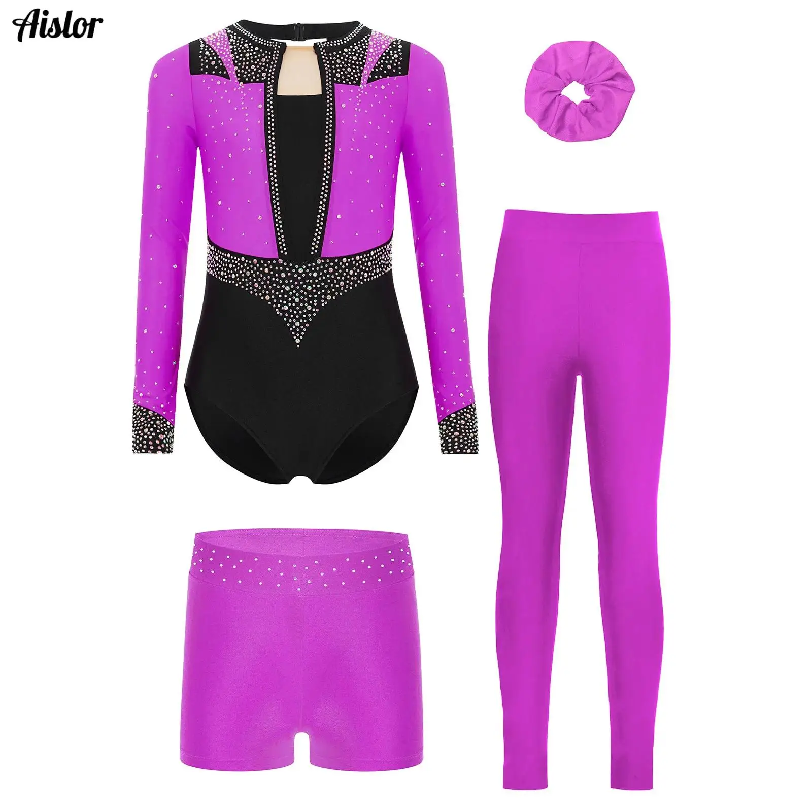 

4Pcs Kids Girls Gymnastics Figure Skating Outfit Sparkly Rhinestones Long Sleeve Keyhole Back Leotard+Shorts+Leggings+Hairband