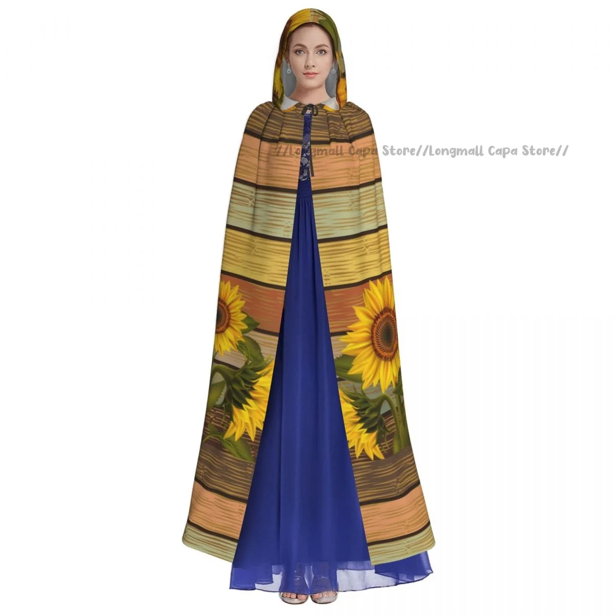 Sunflowers And Leaves On Colored Wooden Cloak Hooded Cosplay Costume Halloween Adult Long Party Cape