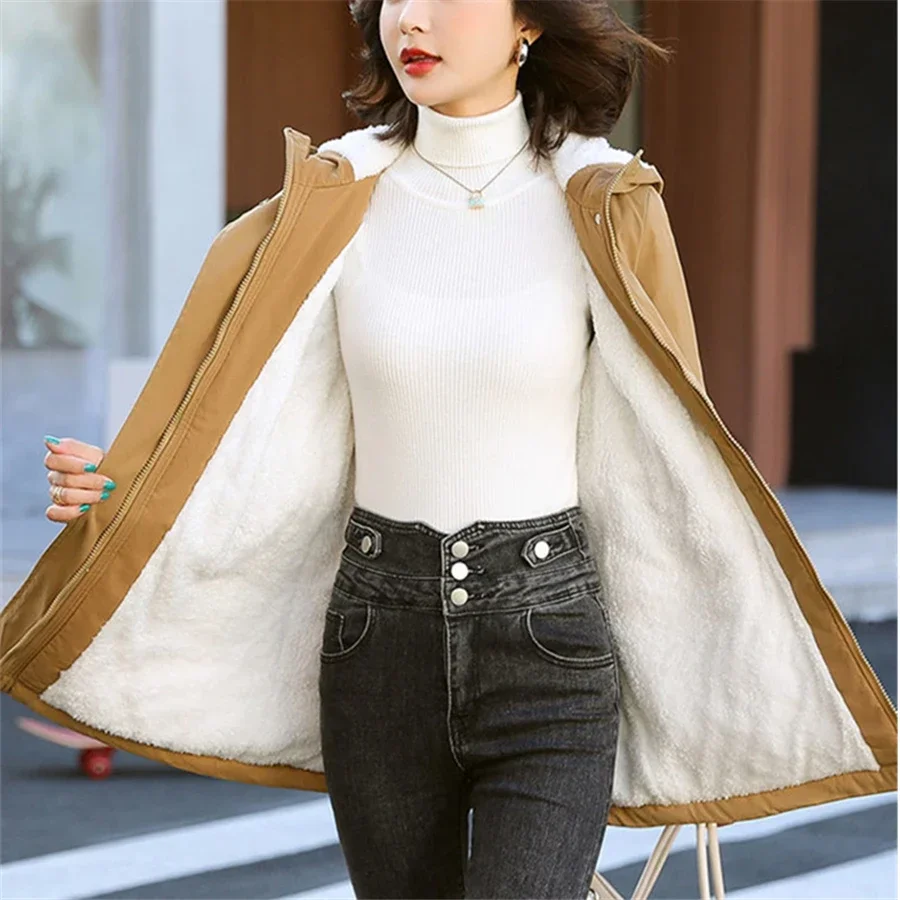 2024 New Winter Mid-length Hooded Fleece Lined Coat Women Warm Parka Thicken Outwear Casual Loose Jackets Trenchcoat Snowwear