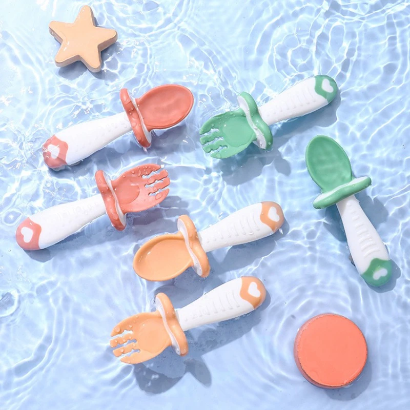 

2Pcs/Set Baby Spoon Fork Silicone Children's Cutlery Set Feeding Tableware Baby Learn Spoon Set Short Handle Spoon cosas de bebe