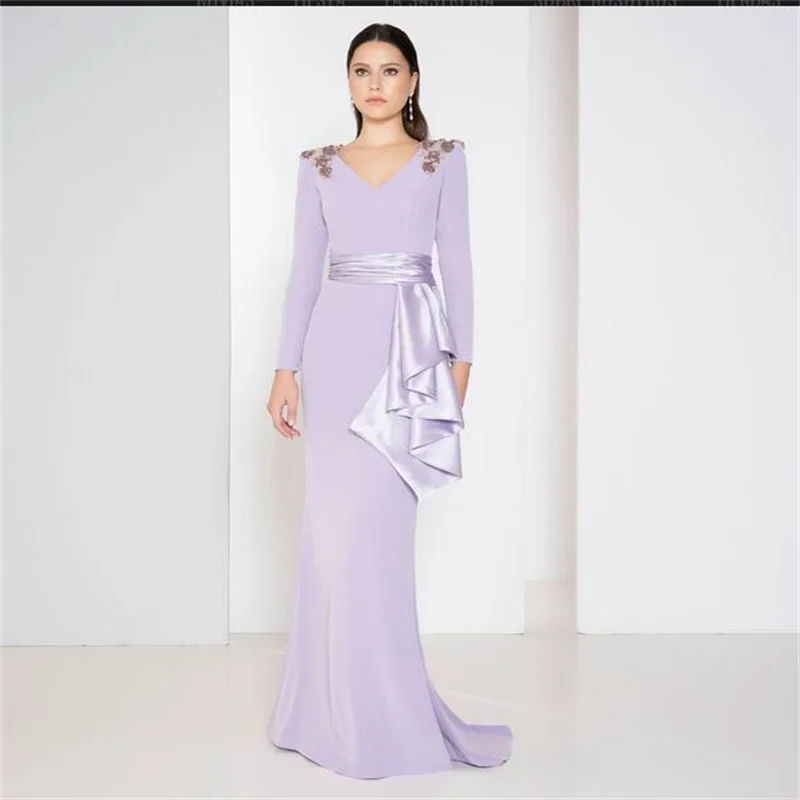 MULONG Purple  Long Sleeve  Mom Of The Bride Dress With Belt Mermaid V Neck Mother Of The Bride Dress Plus Size